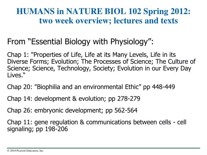 humans in nature biol 102 spring 2012 two week overview lectures and texts