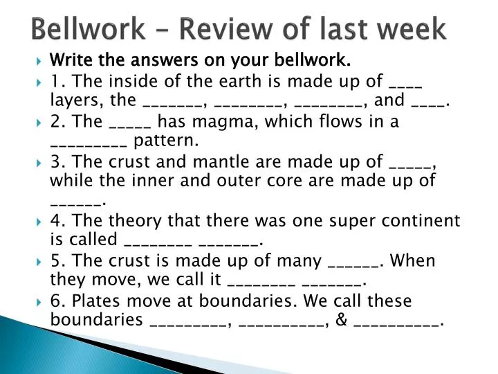 bellwork review of last week