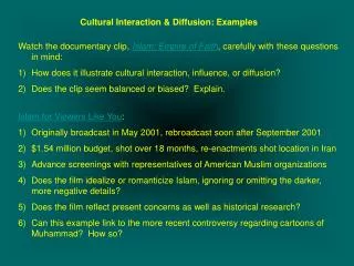 Cultural Interaction &amp; Diffusion: Examples