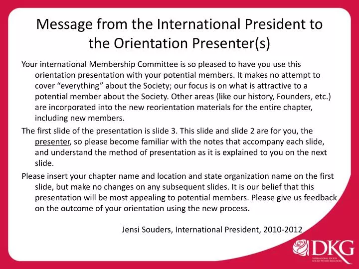 message from the international president to the orientation presenter s