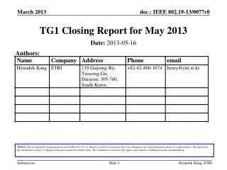 TG1 Closing Report for May 2013