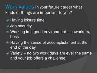 Work Values In your future career what kinds of things are important to you?