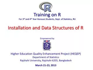 Training on R For 3 rd and 4 th Year Honours Students, Dept. of Statistics, RU