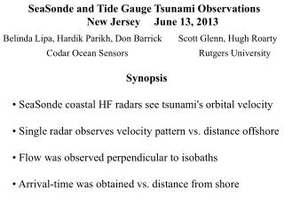 SeaSonde and Tide Gauge Tsunami Observations New Jersey June 13, 2013