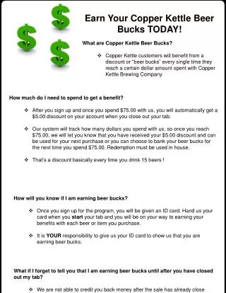 Earn Your Copper Kettle Beer Bucks TODAY! What are Copper Kettle Beer Bucks?