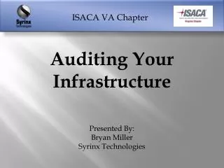 Auditing Your Infrastructure Presented By: Bryan Miller Syrinx Technologies