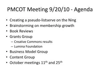 PMCOT Meeting 9/20/10 - Agenda