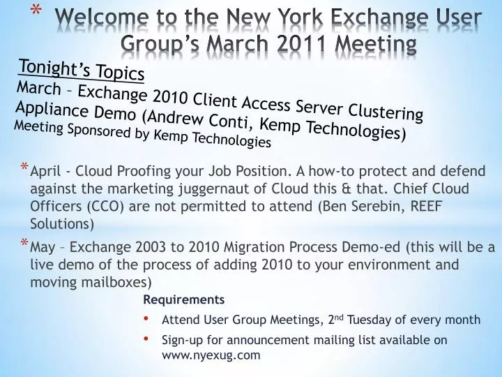 welcome to the new york exchange user group s march 2011 meeting