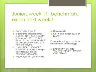 Juniors week 11: benchmark exam next week!!!