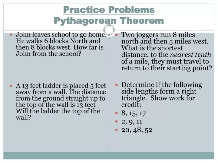 practice problems pythagorean theorem