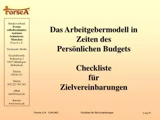 Das Arbeitgebermodell in Zeiten des Persönlichen Budgets Checkliste für Zielvereinbarungen