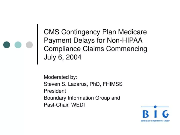cms contingency plan medicare payment delays for non hipaa compliance claims commencing july 6 2004