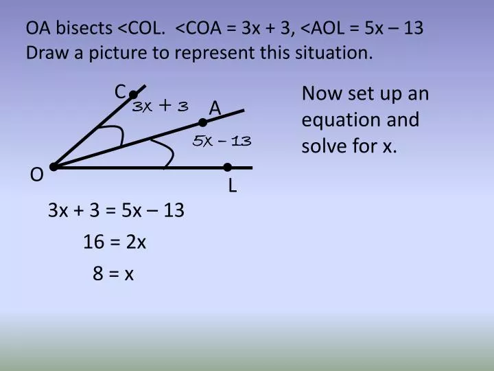 oa bisects col coa 3x 3 aol 5x 13 draw a picture to represent this situation