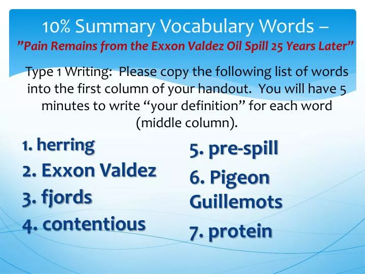 10 summary vocabulary words pain remains from the exxon valdez oil spill 25 years later