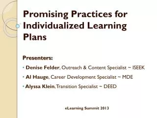 Promising Practices for Individualized Learning Plans