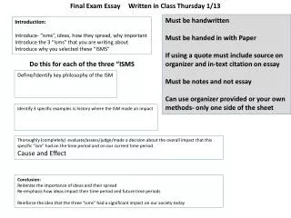 Final Exam Essay	Written in Class Thursday 1/13