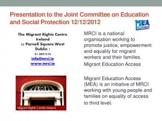 Presentation to the Joint Committee on Education and Social Protection 12/12/2012