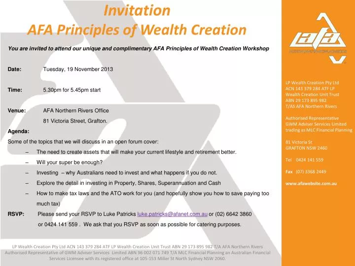 invitation afa principles of wealth creation
