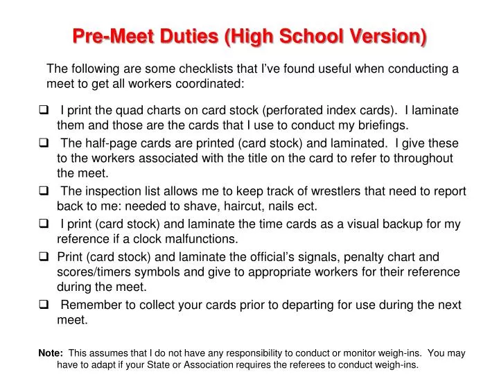 pre meet duties high school version