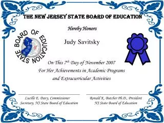 The New Jersey State Board of Education Hereby Honors