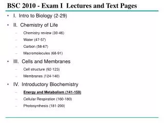 BSC 2010 - Exam I Lectures and Text Pages