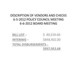 DESCRIPTION OF VENDORS AND CHECKS 6-5-2012 POLICY COUNCIL MEETING 6-6-2012 BOARD MEETING