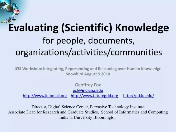 evaluating scientific knowledge for people documents organizations activities communities
