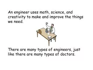 An engineer uses math, science, and creativity to make and improve the things we need.