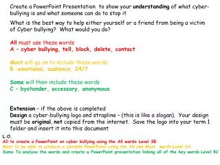 L.O. All to create a PowerPoint on cyber bullying using the All words Level 3B