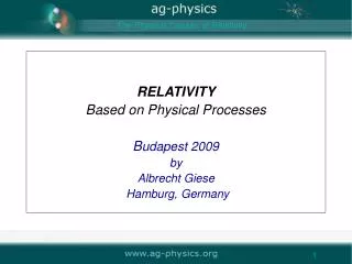 RELATIVITY Based on Physical Processes B udapest 2009 by Albrecht Giese Hamburg, Germany