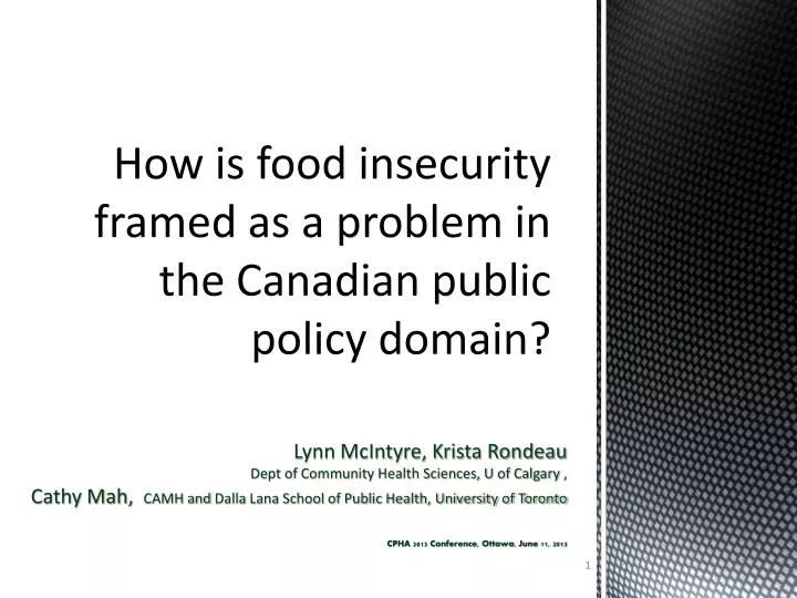how is food insecurity framed as a problem in the canadian public policy domain