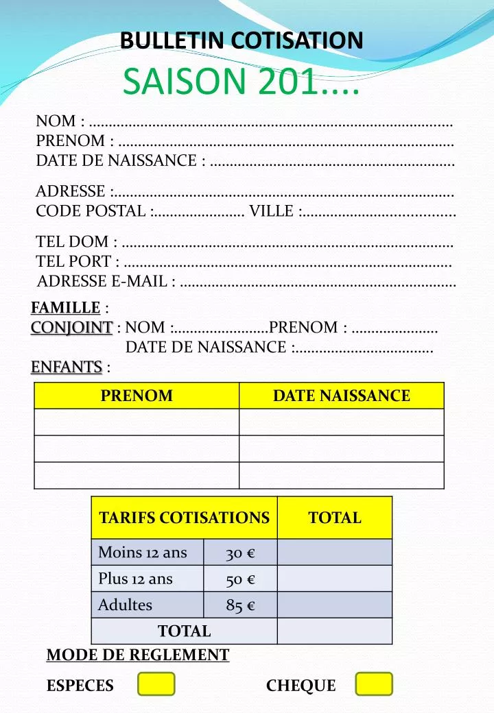 bulletin cotisation saison 201