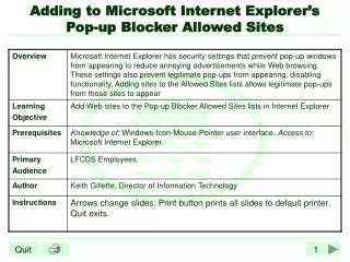 Adding to Microsoft Internet Explorer’s Pop-up Blocker Allowed Sites