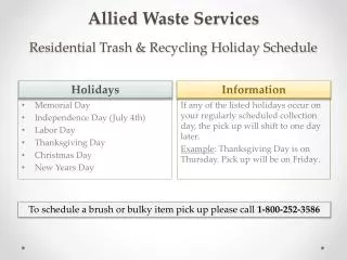 Allied Waste Services Residential Trash &amp; Recycling Holiday Schedule