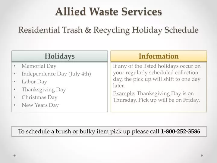 allied waste services residential trash recycling holiday schedule