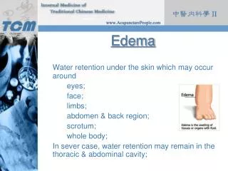 Edema Water retention under the skin which may occur around 		eyes; 		face; 		limbs;