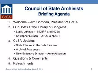 Council of State Archivists Briefing Agenda