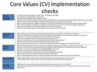 Core Values (CV) implementation checks