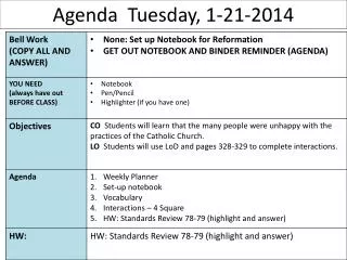 Agenda Tuesday, 1-21-2014