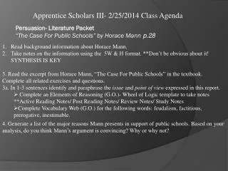 Apprentice Scholars III- 2/25/2014 Class Agenda