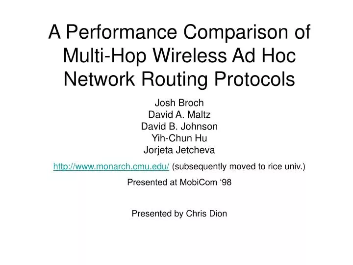 a performance comparison of multi hop wireless ad hoc network routing protocols