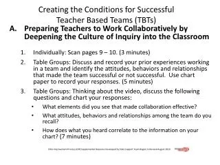 Creating the Conditions for Successful Teacher Based Teams (TBTs)
