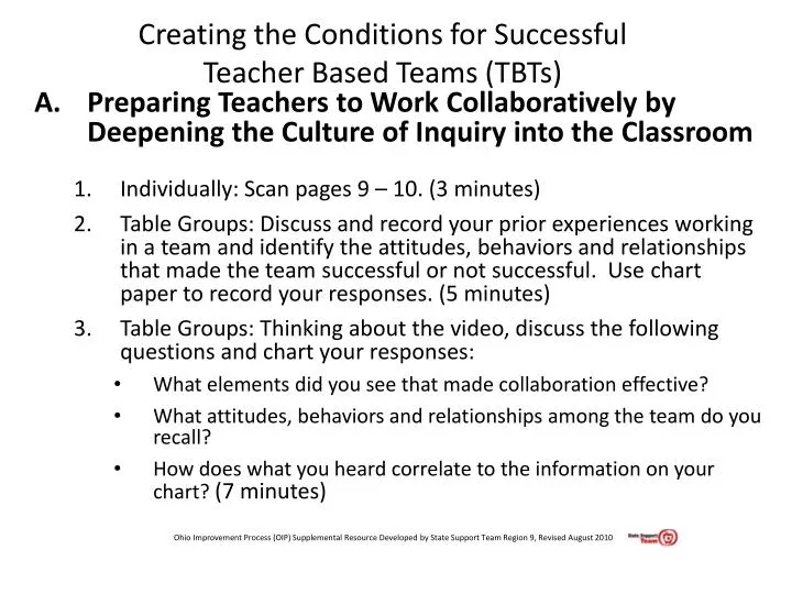 creating the conditions for successful teacher based teams tbts