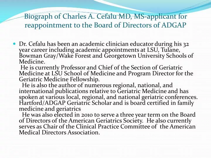 biograph of charles a cefalu md ms applicant for reappointment to the board of directors of adgap