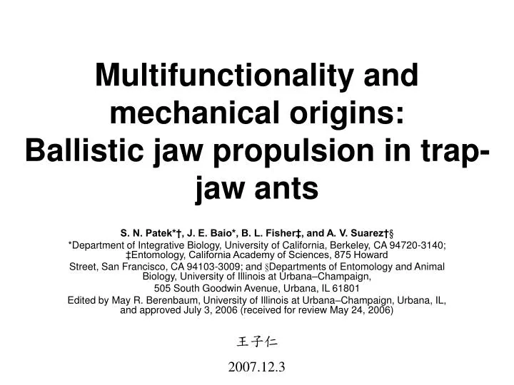 multifunctionality and mechanical origins ballistic jaw propulsion in trap jaw ants