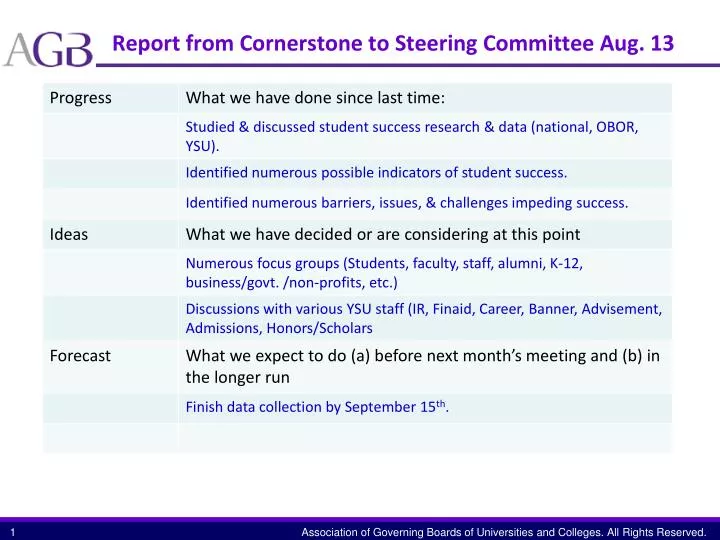 report from cornerstone to steering committee aug 13
