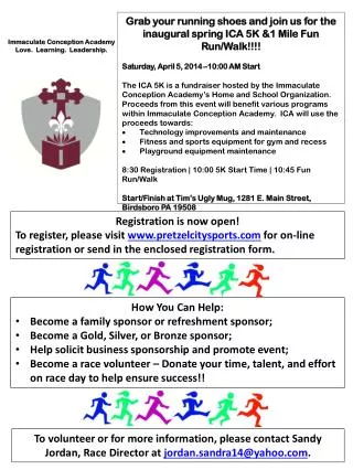 Grab your running shoes and join us for the inaugural spring ICA 5K &amp;1 Mile Fun Run/Walk!!!!