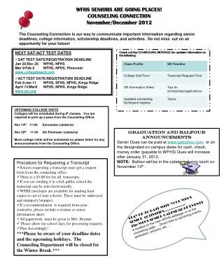 WFHS SENIORS ARE GOING PLACES! COUNSELING CONNECTION November/December 2012