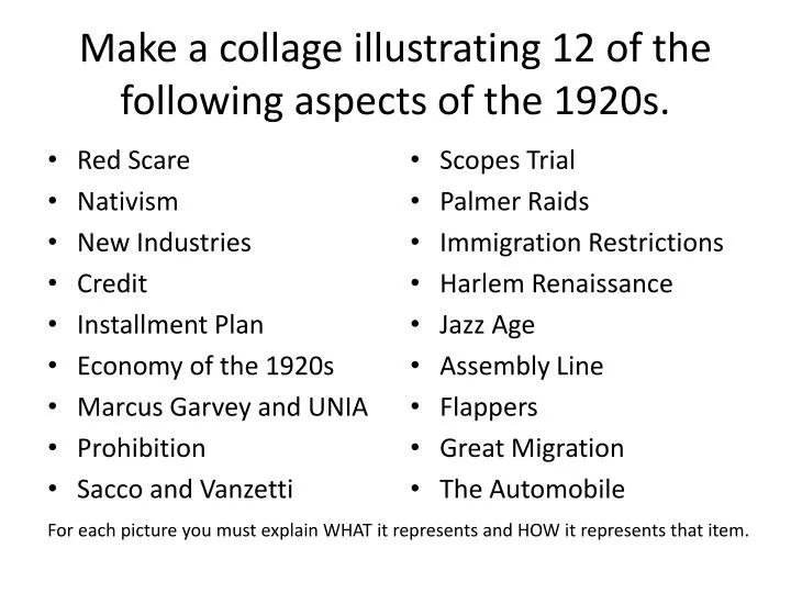 make a collage illustrating 12 of the following aspects of the 1920s