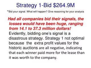 Strategy 1-Bid $264.9M - Bid your signal. What will happen? Give reasoning for your analysis